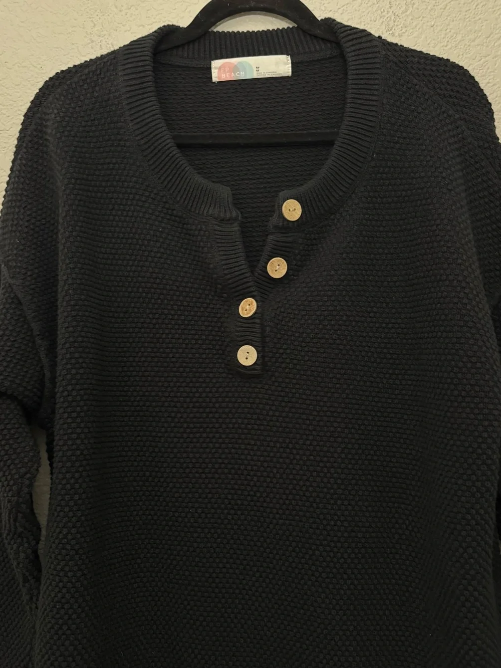 Free People Beach Hailee Sweater Black Pullover Wooden Buttons Cotton Medium